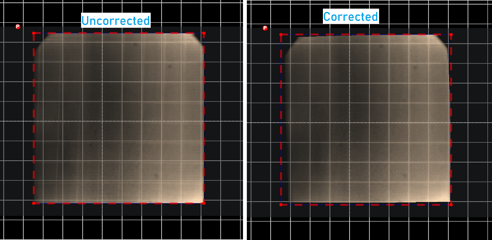 Side-by-side live display, corrected vs. uncorrected