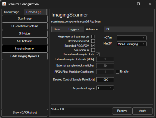 RggScan Advanced tab with the Mini2P dropdown highlighted